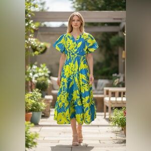 NEW, VIANOVA Italy, 100% Cotton Midi Dress, Size L, Blue & Yellow